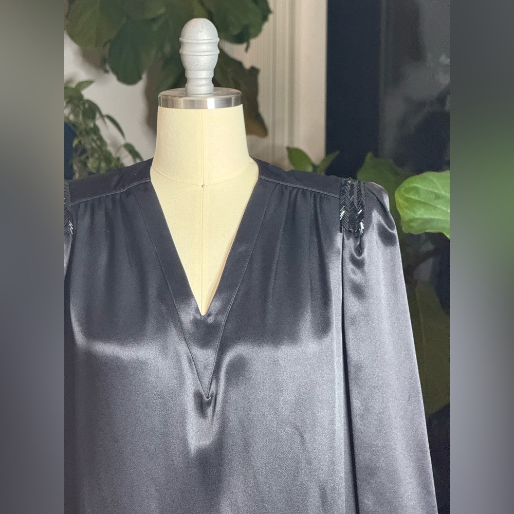 Nipon Boutique Vintage Black Satin Shift Dress | Beaded Shoulders | 80s Glam